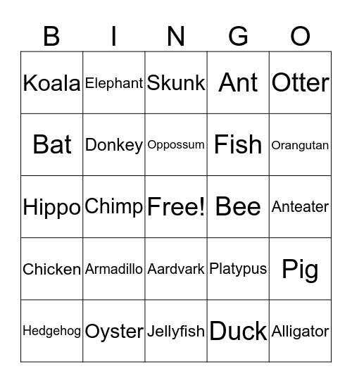 Baby Animal Bingo Card