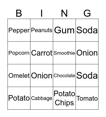 Food , Snacks and Vegetables Bingo Card