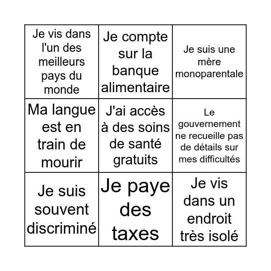 La Pauvreté Bingo Card