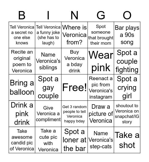 Veronica's 29 Bday Bingo Card