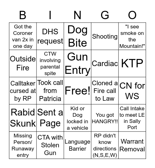 Calltaker Bingo Card