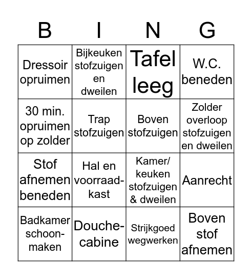 Schoonmaken/huishouden (wekelijks) Bingo Card