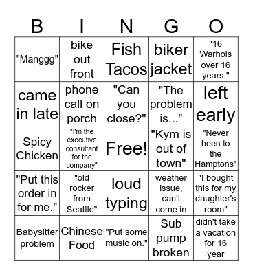 Sparks Bingo Card