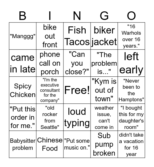 Sparks Bingo Card