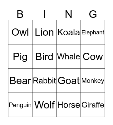 Animals Bingo Card