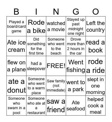 Spring break Bingo Card