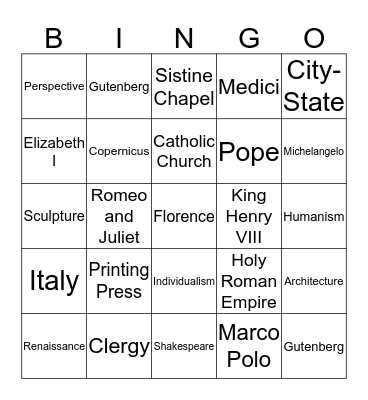 Renaissance Vocabulary Bingo Card