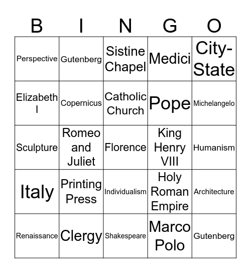 Renaissance Vocabulary Bingo Card