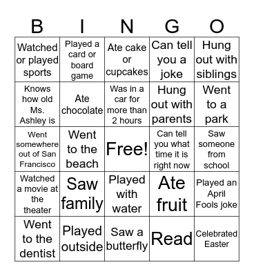 Spring Break Share Out  Bingo Card