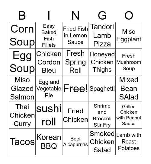 Main Course and Starter Meals Bingo Card