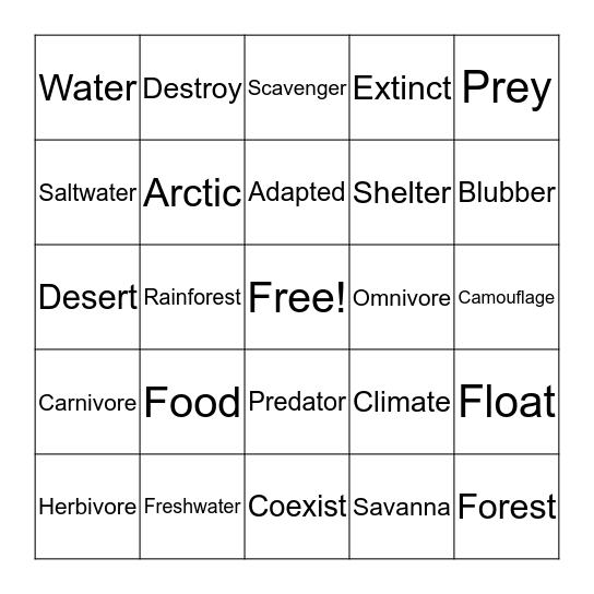 Animal Habitats Bingo Card