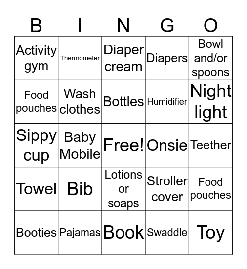 Baby Shower BINGO Card