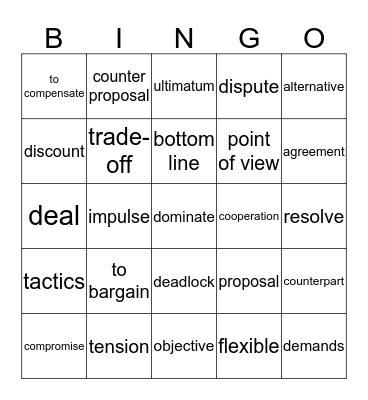 Negotiations vocabulary Bingo Card