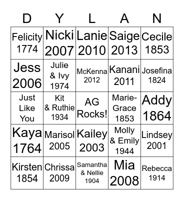 Dylan's American Girl Bingo Card