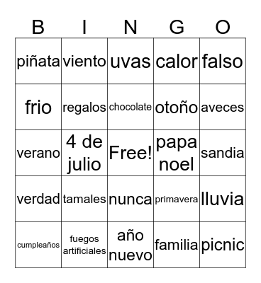 Celebraciones/Tradiciones Bingo Card