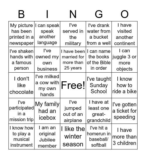 Life Experience Bingo Card