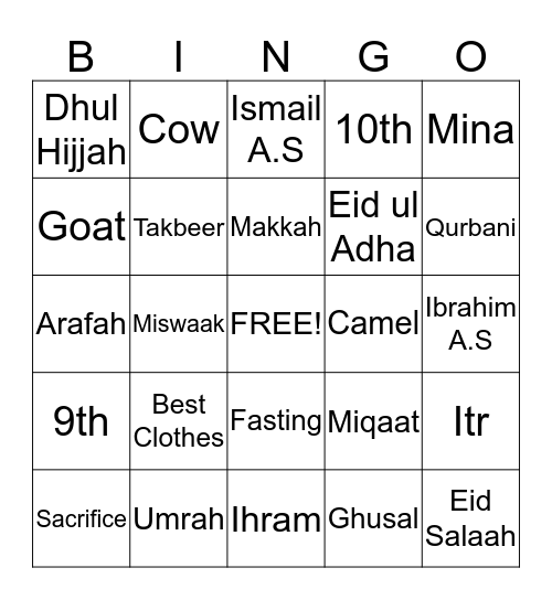 Eid Ul Adha Bingo Card
