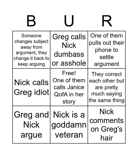 Greg and Nick Bingo Card