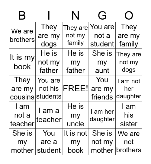 Pronouns, Verb to Be, and Family Bingo Card