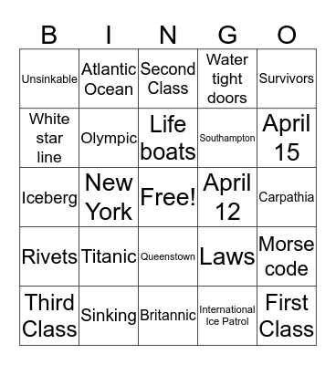 Titanic Bingo Card