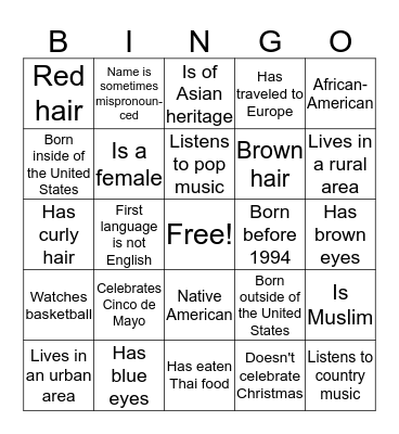 Diversity Bingo Card