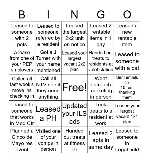 LEASING BINGO Card