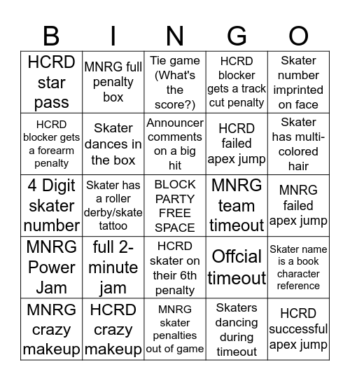 Harbor City Roller Dames BLOCK PARTY Bingo Card