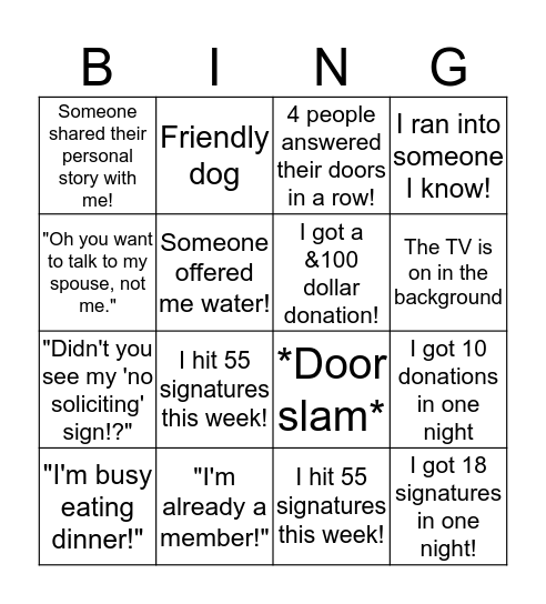 Canvassing BINGO Card