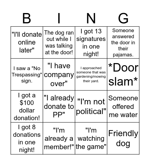 Canvassing BINGO Card