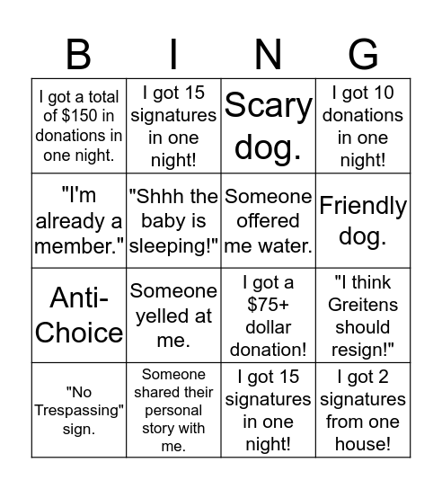 Canvassing BINGO Card