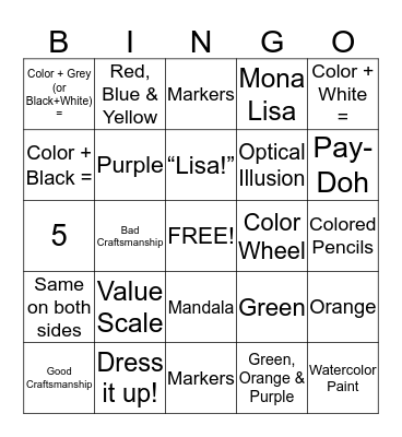 Middle School Art Bingo Card