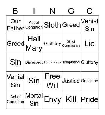 Sin in our World Bingo Card