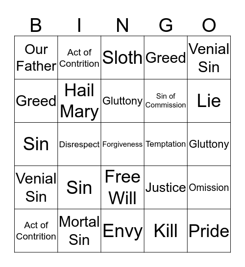 Sin in our World Bingo Card