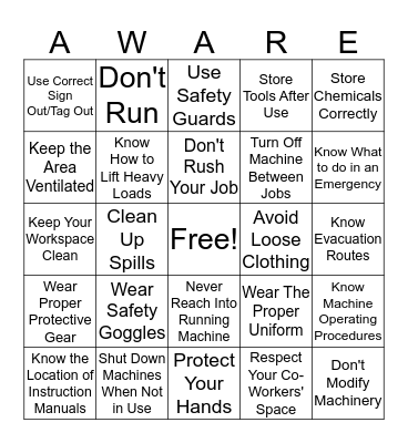 WHIP'S CARPENTRY SAFETY BINGO Card