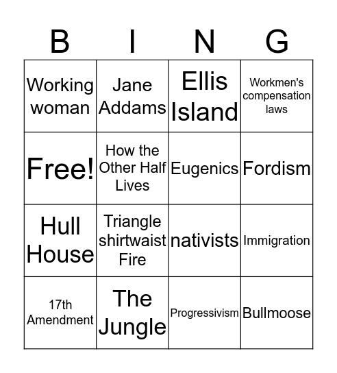 Progressive Era Bingo Card