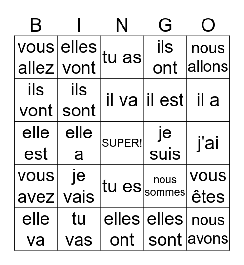 Franse werkwoorden Bingo Card
