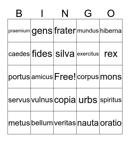Challenge A Latin Vocabulary Bingo Card