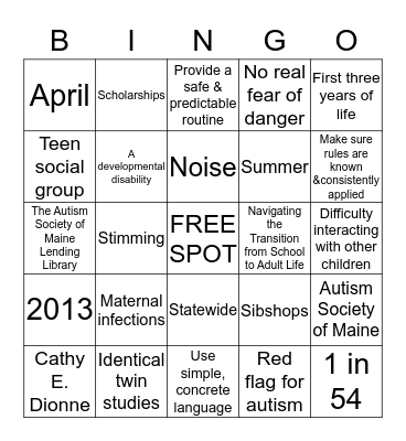 Autism Society of Maine Bingo Card