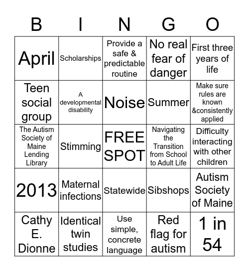 Autism Society of Maine Bingo Card
