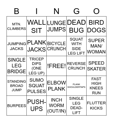 Fitness Bingo - 20 reps or 30 sec Bingo Card