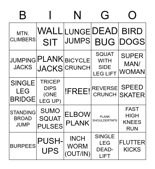 Fitness Bingo - 20 reps or 30 sec Bingo Card