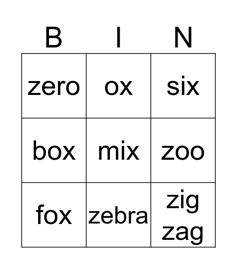 X and Z Bingo Card