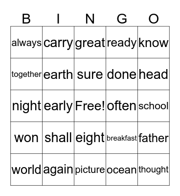 Trick Words Bingo Card
