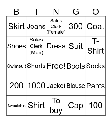 Clothing and Numbers Bingo Card