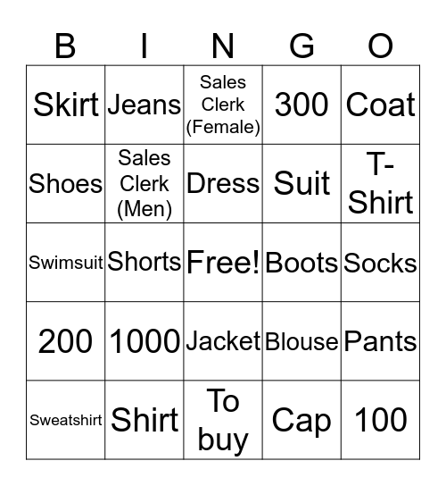 Clothing and Numbers Bingo Card