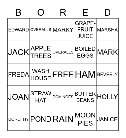 BOORE BINGO (BORED) Bingo Card