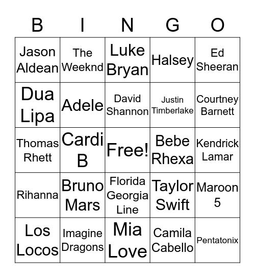 Teen summer music bingo Card