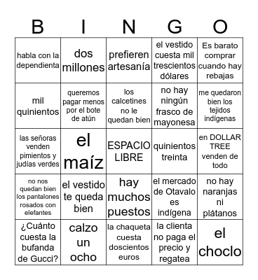 UNIDAD 9 VOCABULARIO 9.1 y 9.2  Bingo Card