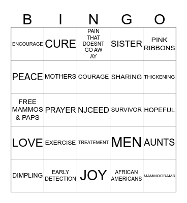 BREAST CANCER AWARENESS BINGO Card