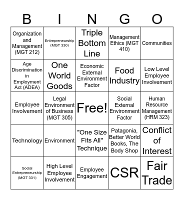 Corporate Social Responsibility Facilitation Bingo Card